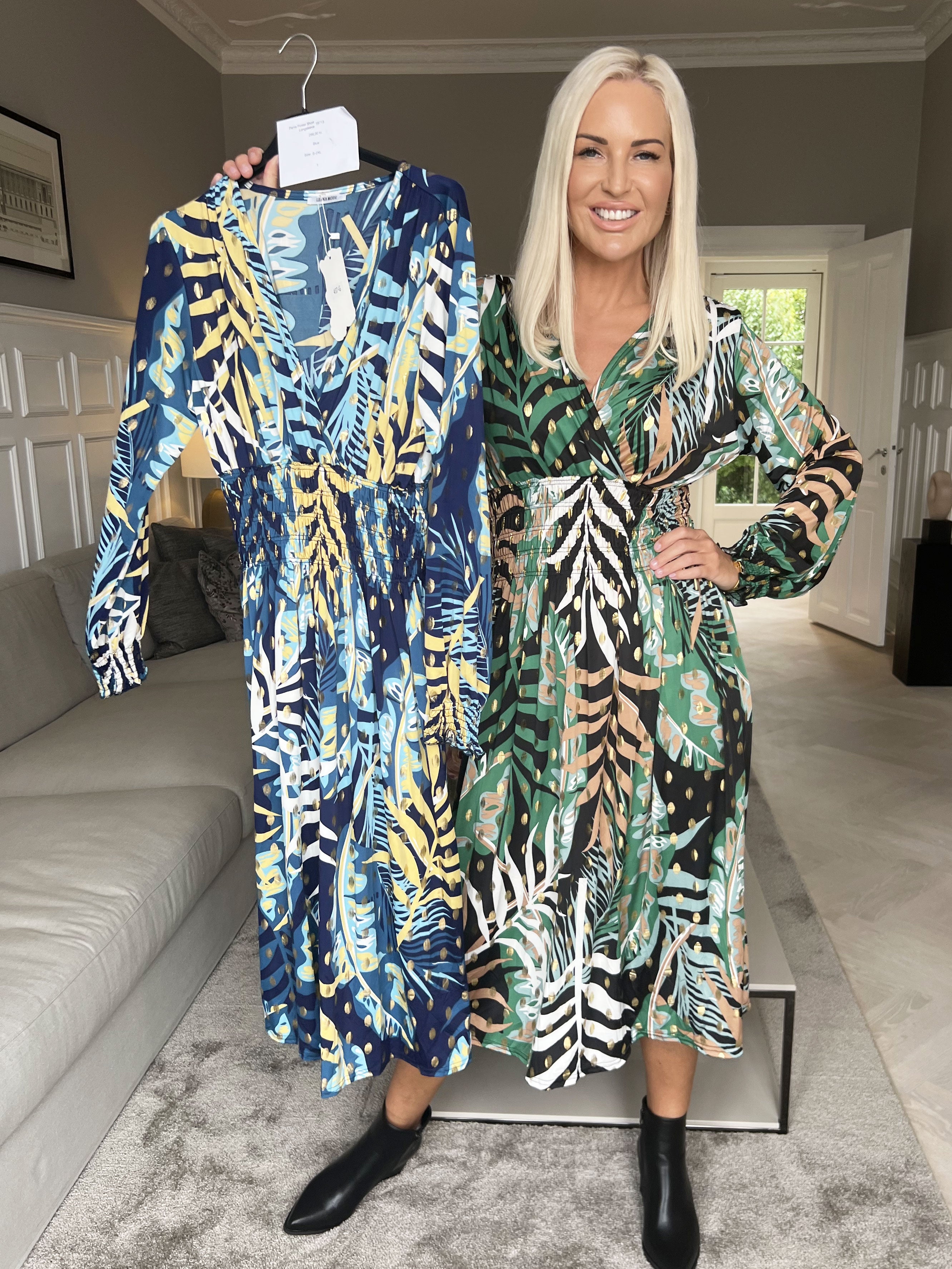 Pams Forest Midi L/S - Elastisk klänning i skrynkelfritt tyg med långa ärmar